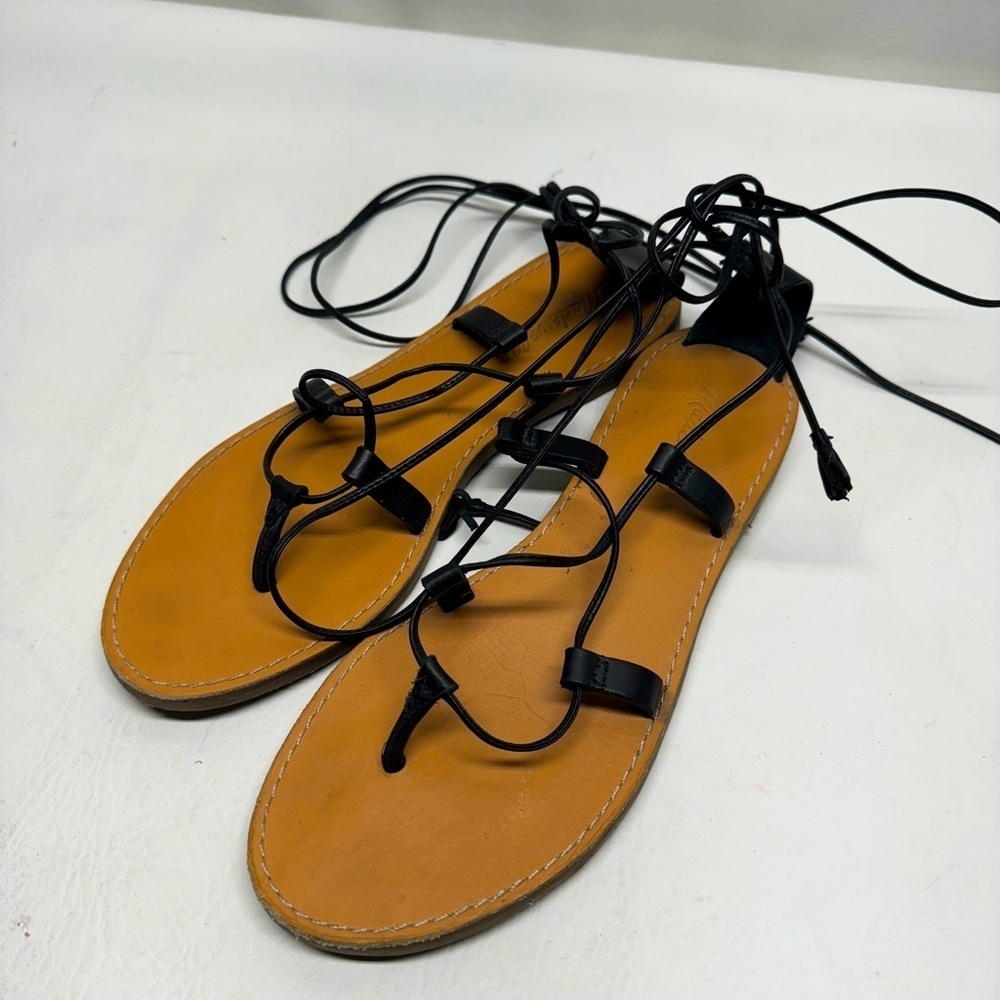 Madewell The Boardwalk Lace-Up Black Tassel Thong Sandals Shoes size 8